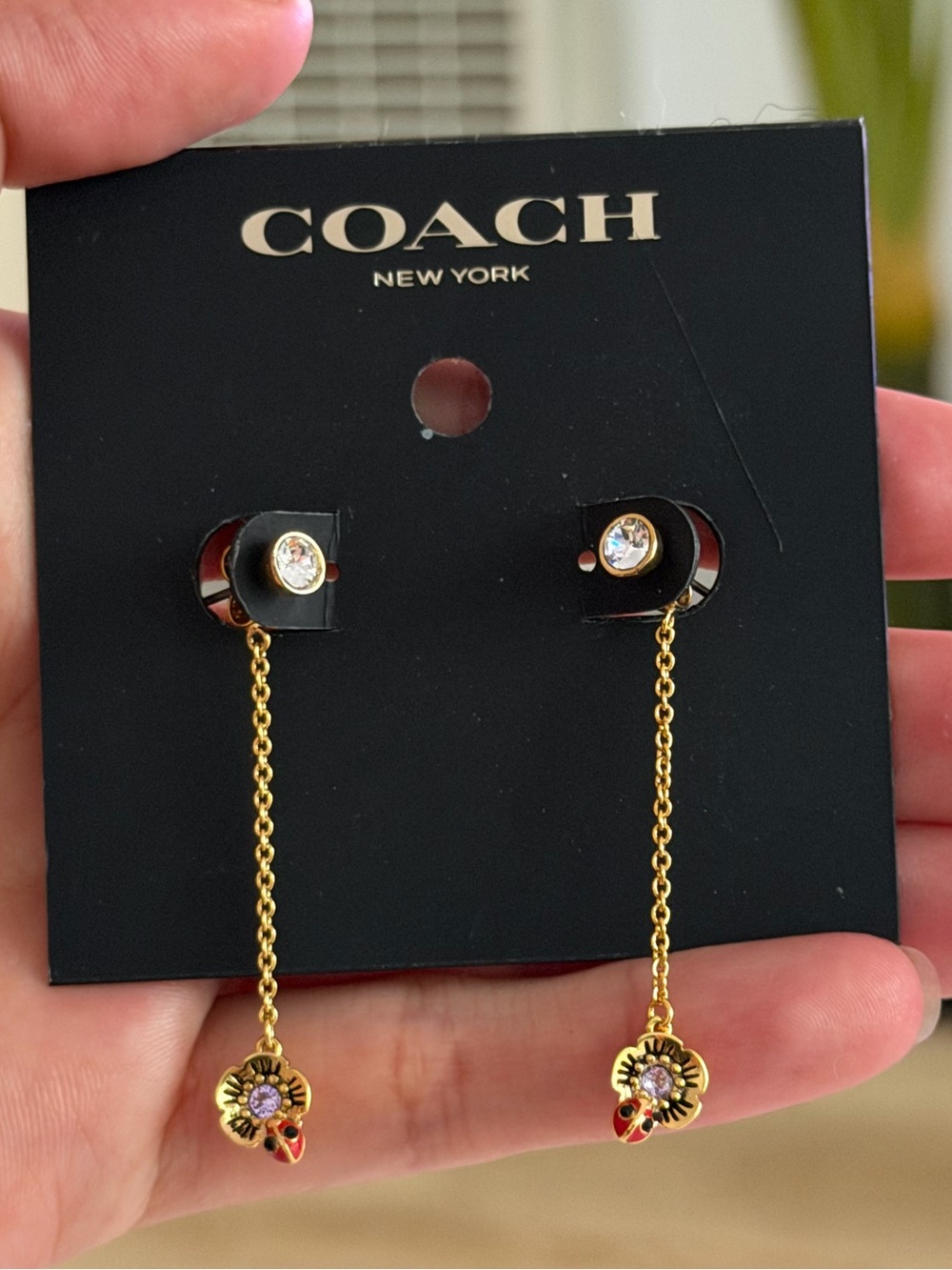 NWT Coach Gold-Tone Drop Earrings with Clear Stones and Red Enamel